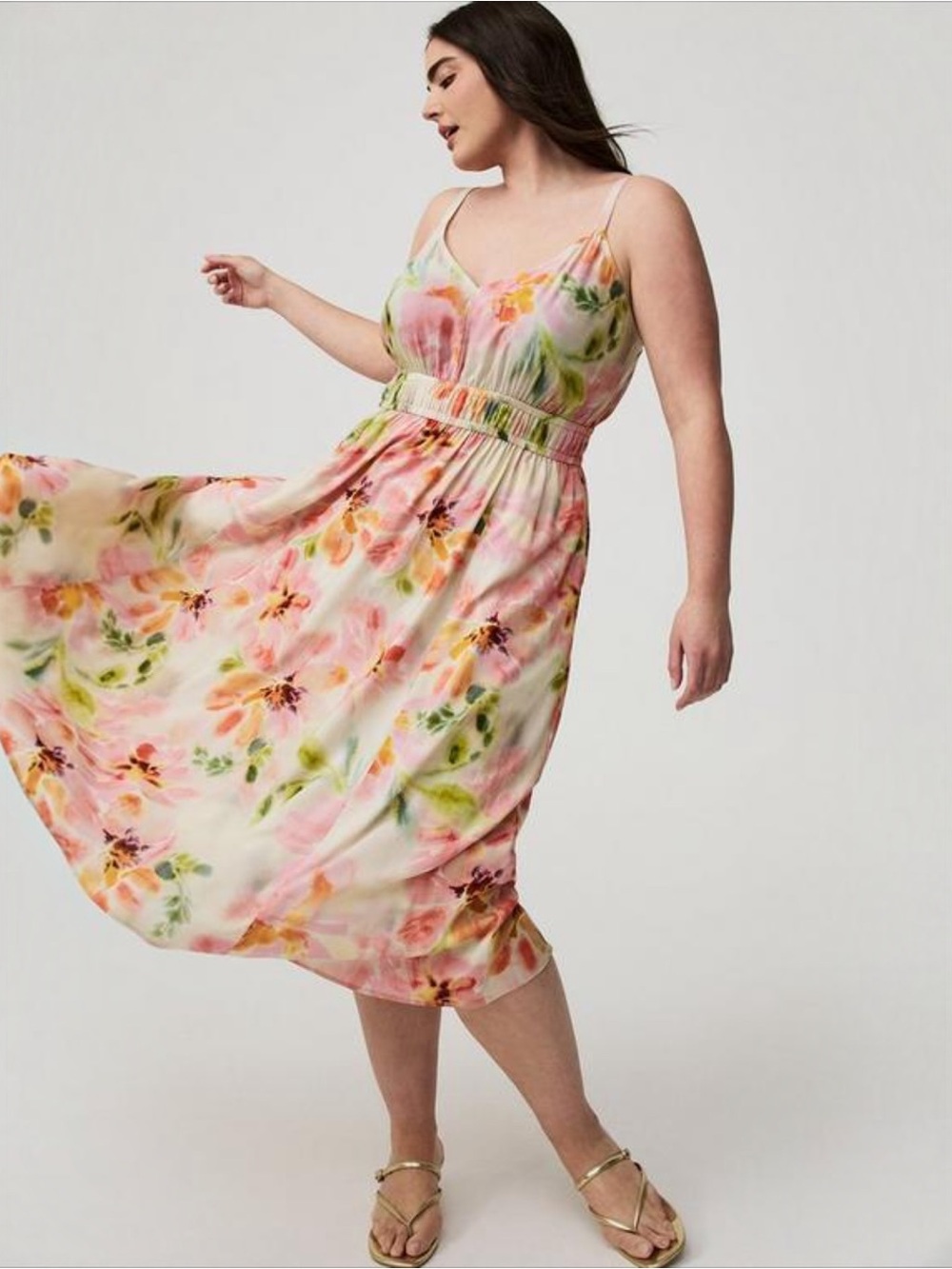 Torrid 2X 18/20 Washed Floral Midi Dress V Neck Smocked Waist Cutout NWT